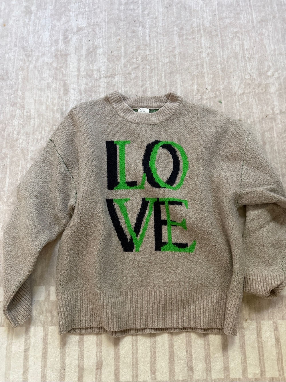a new day Beige Crewneck Sweater with Green & Black "LOVE" Graphic